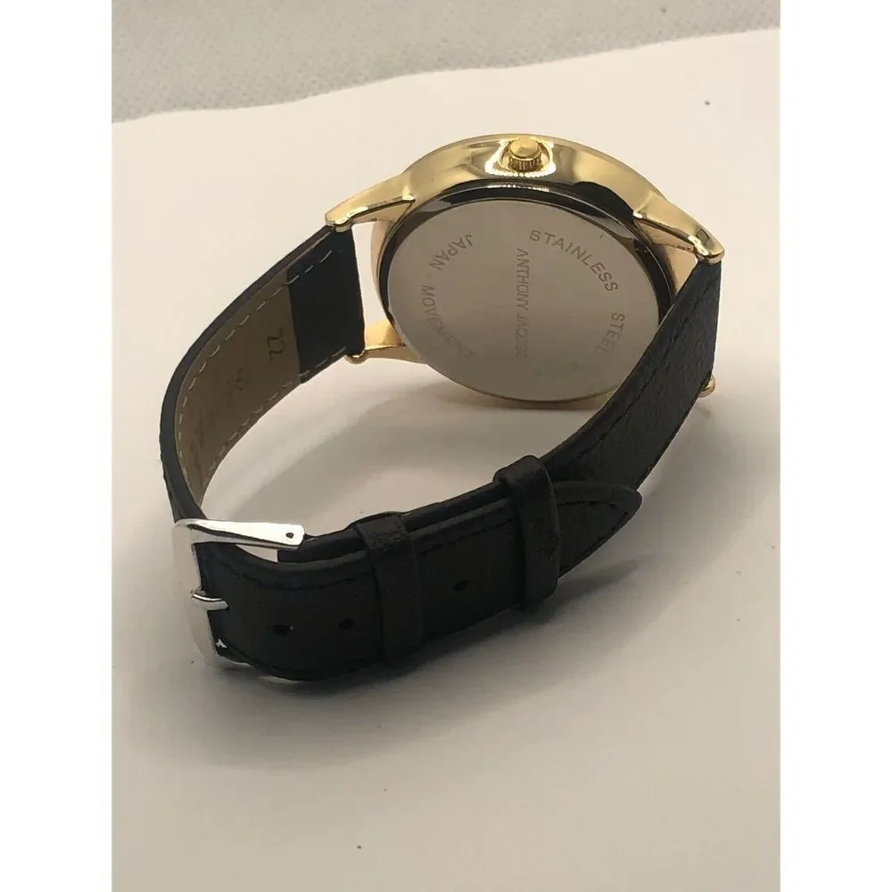 Anthony Jacobs Unisex Black Leather Analog Gold Dial Quartz Genuine Watch OP9